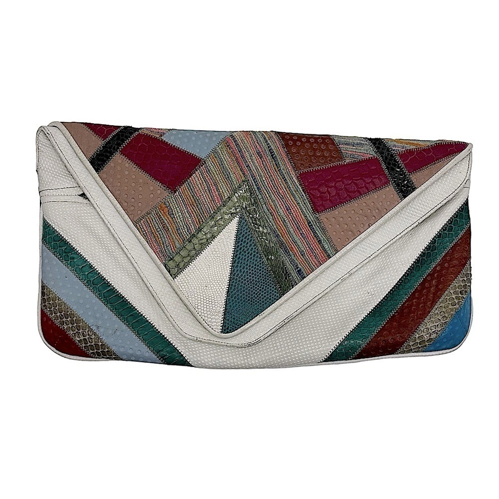 Vintage 80s Leather Snakeskin Textile Clutch Bag Multi Color Flap Front Purse